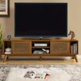 67.9" Inch, Mid Century Modern Rattan TV Stand For TVs Up To 75" Inches, Walnut Brown