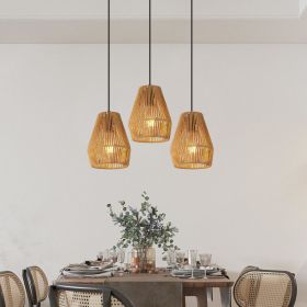 7" Inch, Set Of 3, Rustic Hemp Rope Pendant Light, Wood/Black