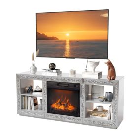 Modern TV Stand With 18 Inch Fireplace Insert & Storage Shelves, Silver Mirror