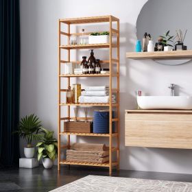 6 Tier Bathroom Cabinet, 63.4''H, Tall Shelf Organizer, Linen Cabinet, Bamboo