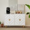 48" Modern Buffet Cabinet, 4-Door Credenza with Embossed Doors & Shelves, White/Gold