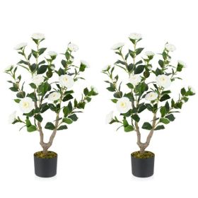 2 Pack White Artificial Camellia Tree with Blooming Flower