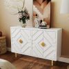 48" Modern Buffet Cabinet, 4-Door Credenza with Embossed Doors & Shelves, White/Gold