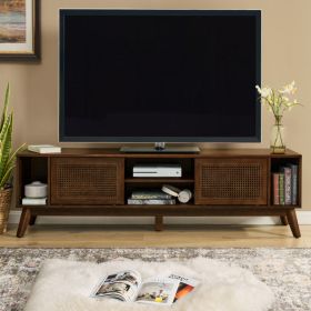 67.9" Inch, Mid Century Modern, Rattan TV Stand For TVs Up To 75, Walnut