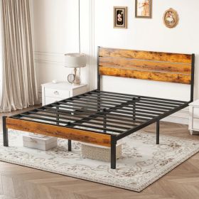 Farmhouse Metal Platform Bed Frame, Wood/Black (Option: Full)