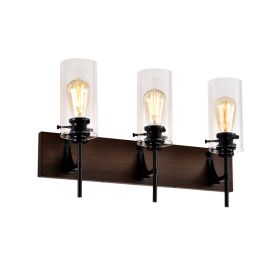 3-Light, Vintage Light Fixture, Wood, Black (Option: Wood)