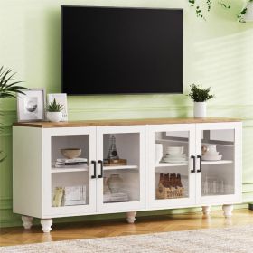 ON-TREND, Farmhouse TV Stand With Tempered Glass Doors, Black/White (Option: White Natural)