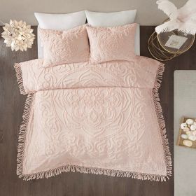 Romantic Boho Chic Tufted Cotton Chenille Medallion Fringe Coverlet Set, Blush (size: King/Cal King)