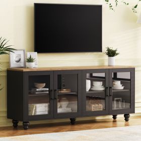 ON-TREND, Farmhouse TV Stand With Tempered Glass Doors, Black/White (Option: Black Natural)